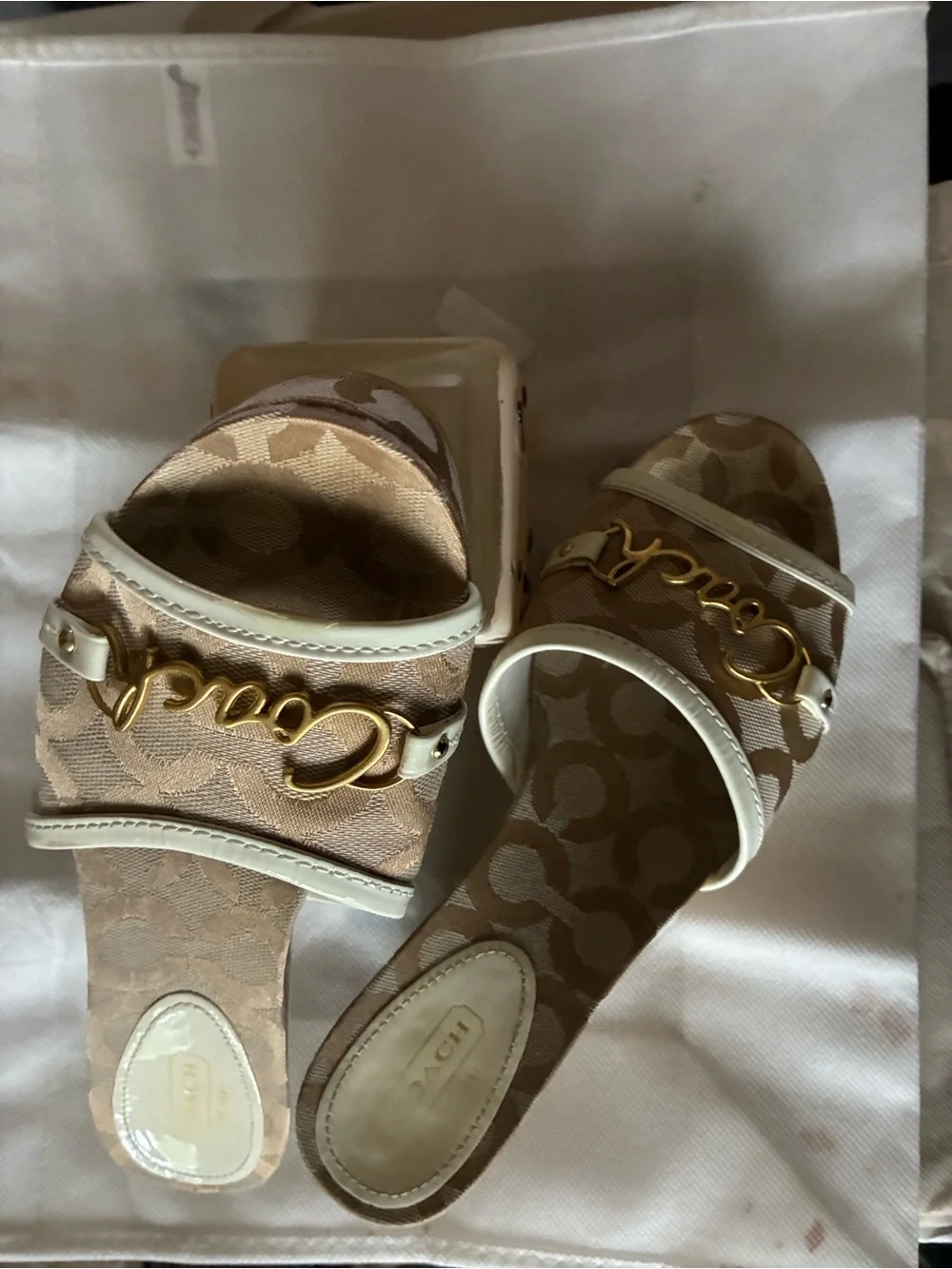 Coach Beige & Cream Signature Logo Wedge Slides